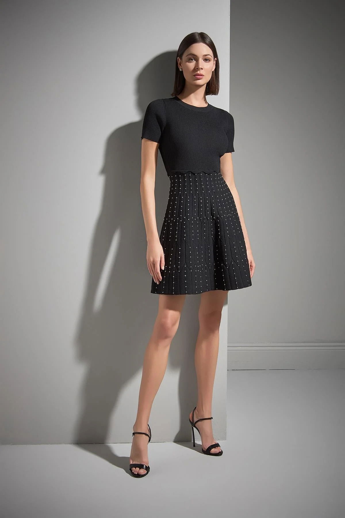 Join Us Kadın Bisiklet Yaka Trok Baskılı Triko Elbise W047 Siyah - 3