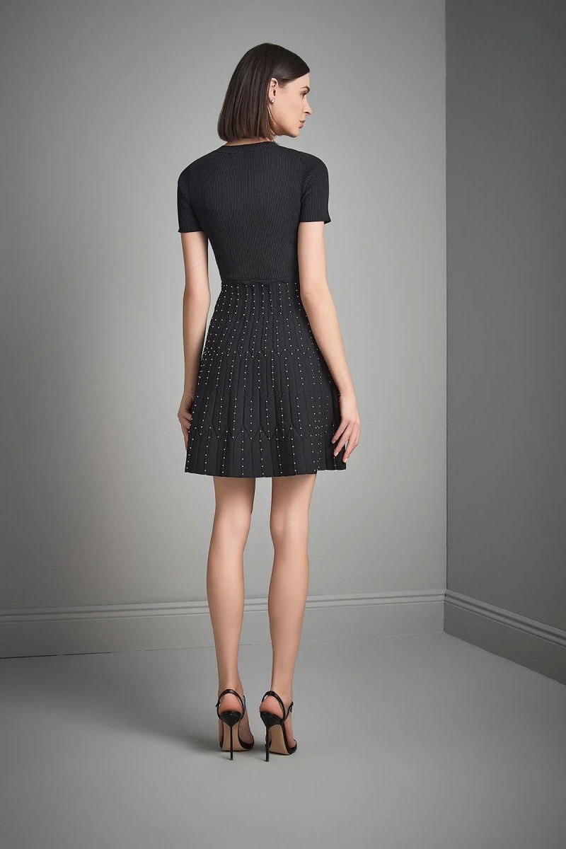 Join Us Kadın Bisiklet Yaka Trok Baskılı Triko Elbise W047 Siyah - 5