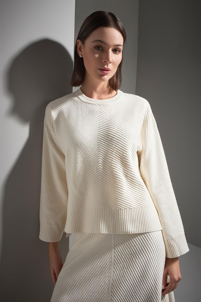 Join Us Kadın Bisiklet Yaka Verev Desenli Triko Kazak W132 Ekru - 3