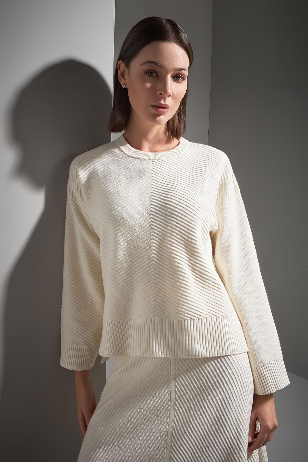 Join Us Kadın Bisiklet Yaka Verev Desenli Triko Kazak W132 Ekru - 3