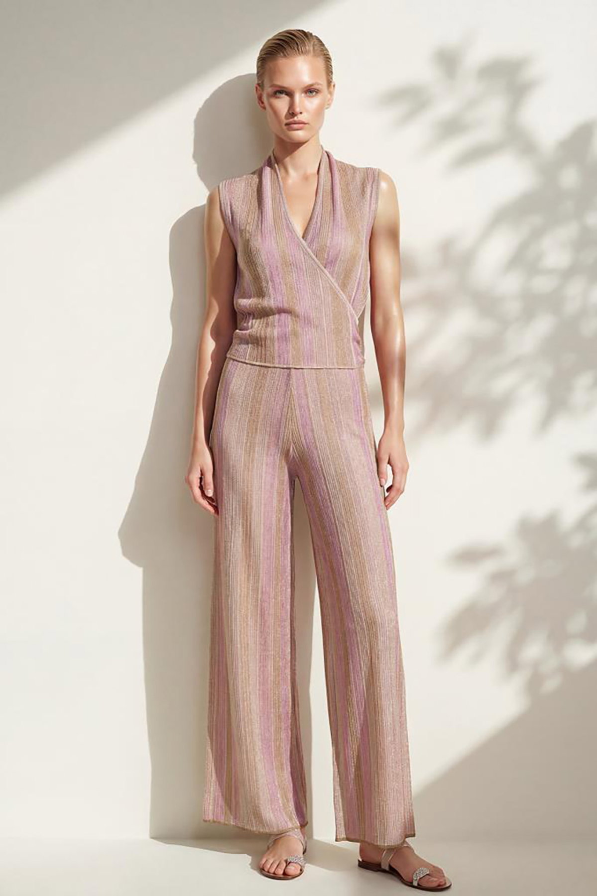 Join Us Kadın Bol Paça Desenli Simli Pantolon S062 Pembe - 1