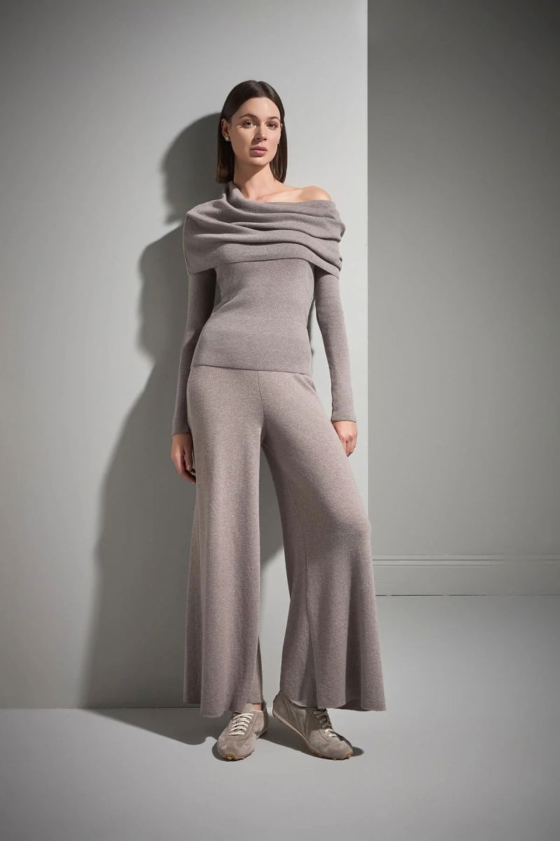 Join Us Kadın Bol Paça Triko Pantolon W061 Vizon - 4