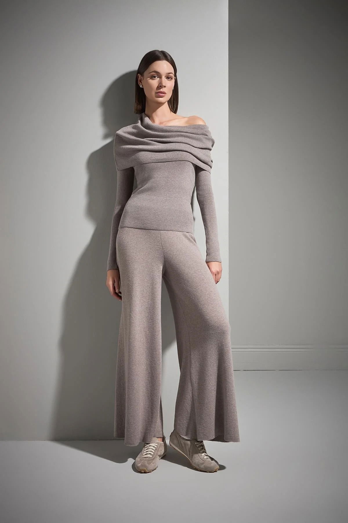 Join Us Kadın Bol Paça Triko Pantolon W061 Vizon - 4