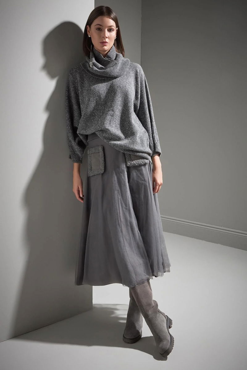 Join Us Kadın Broş Detaylı Fonksiyonel Yaka Triko Kazak W195 Gri - 1