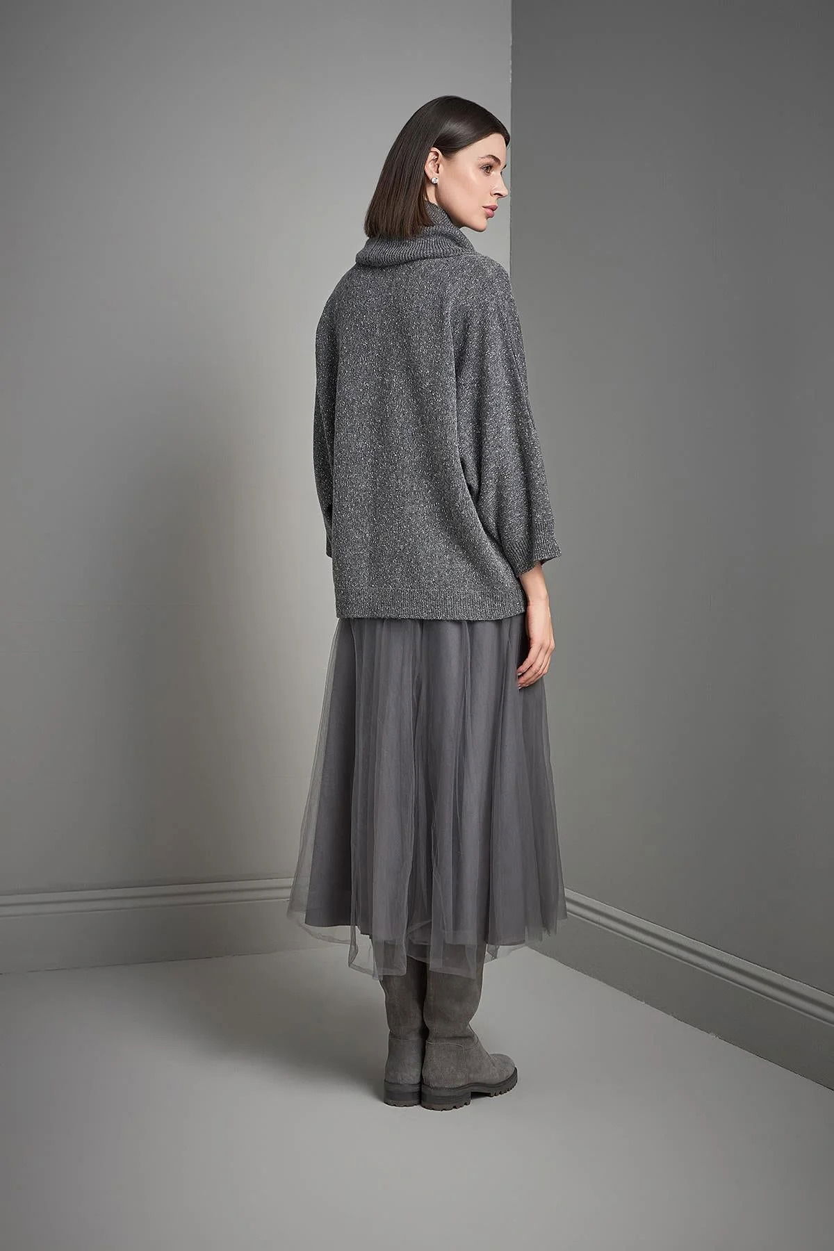 Join Us Kadın Broş Detaylı Fonksiyonel Yaka Triko Kazak W195 Gri - 5