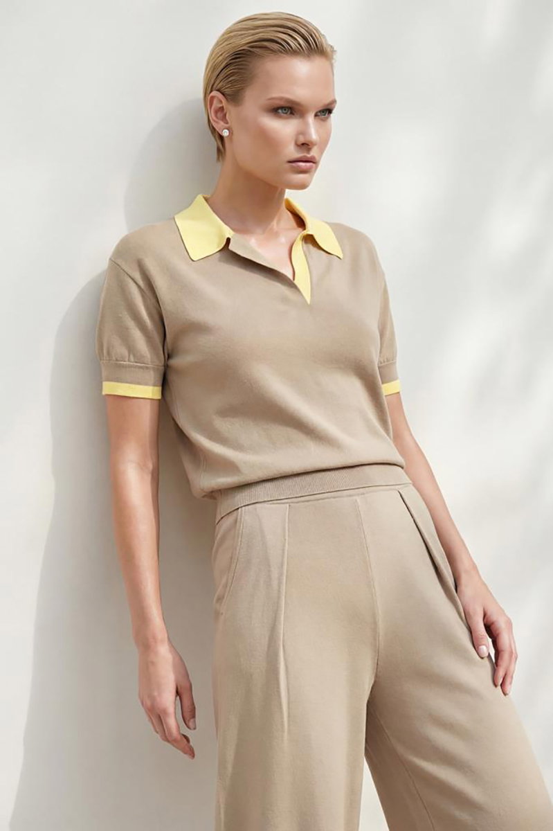 Join Us Kadın Çift Kat Detaylı Polo Yaka Bluz S167 Vizon - Join Us