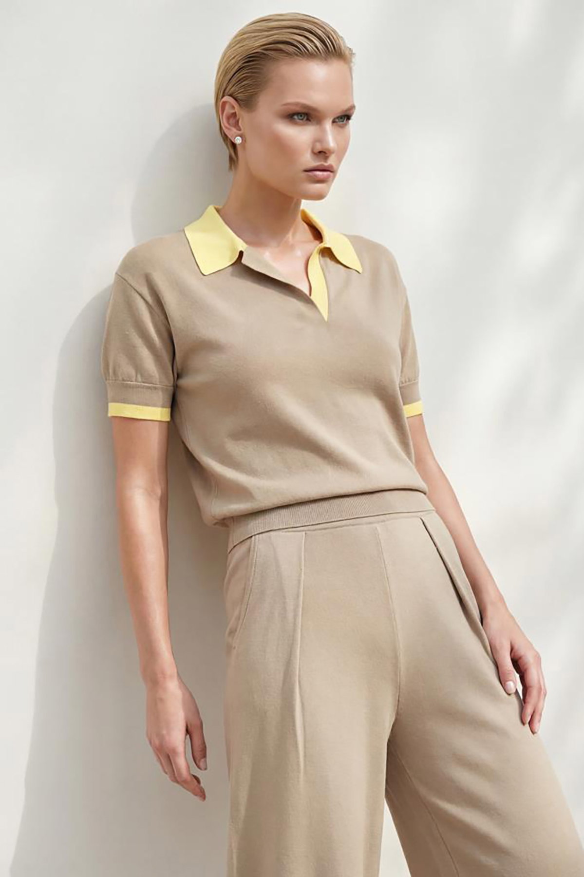 Join Us Kadın Çift Kat Detaylı Polo Yaka Bluz S167 Vizon - 1