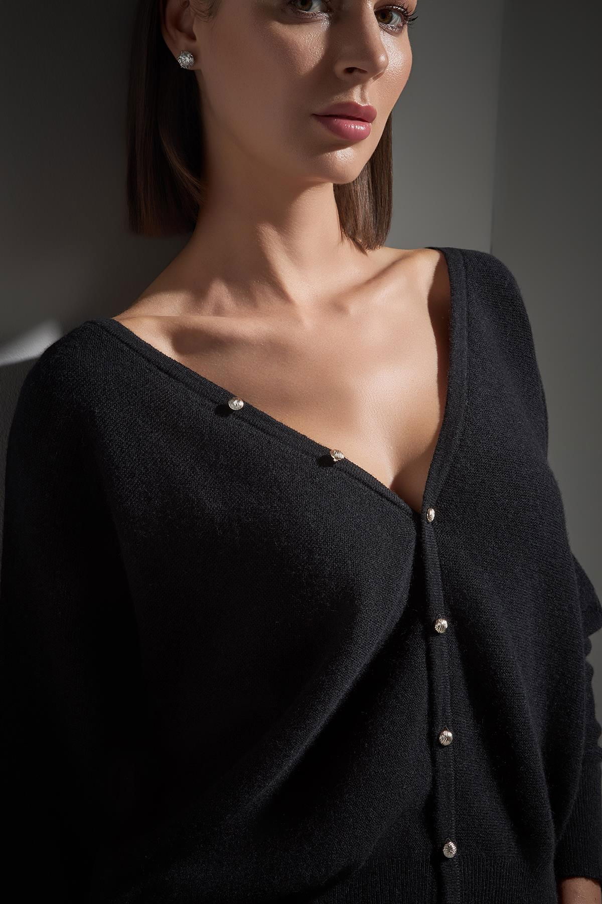 Join Us Kadın Çıtçıtlı Yarasa Kol Triko Kazak W208 Siyah - 3