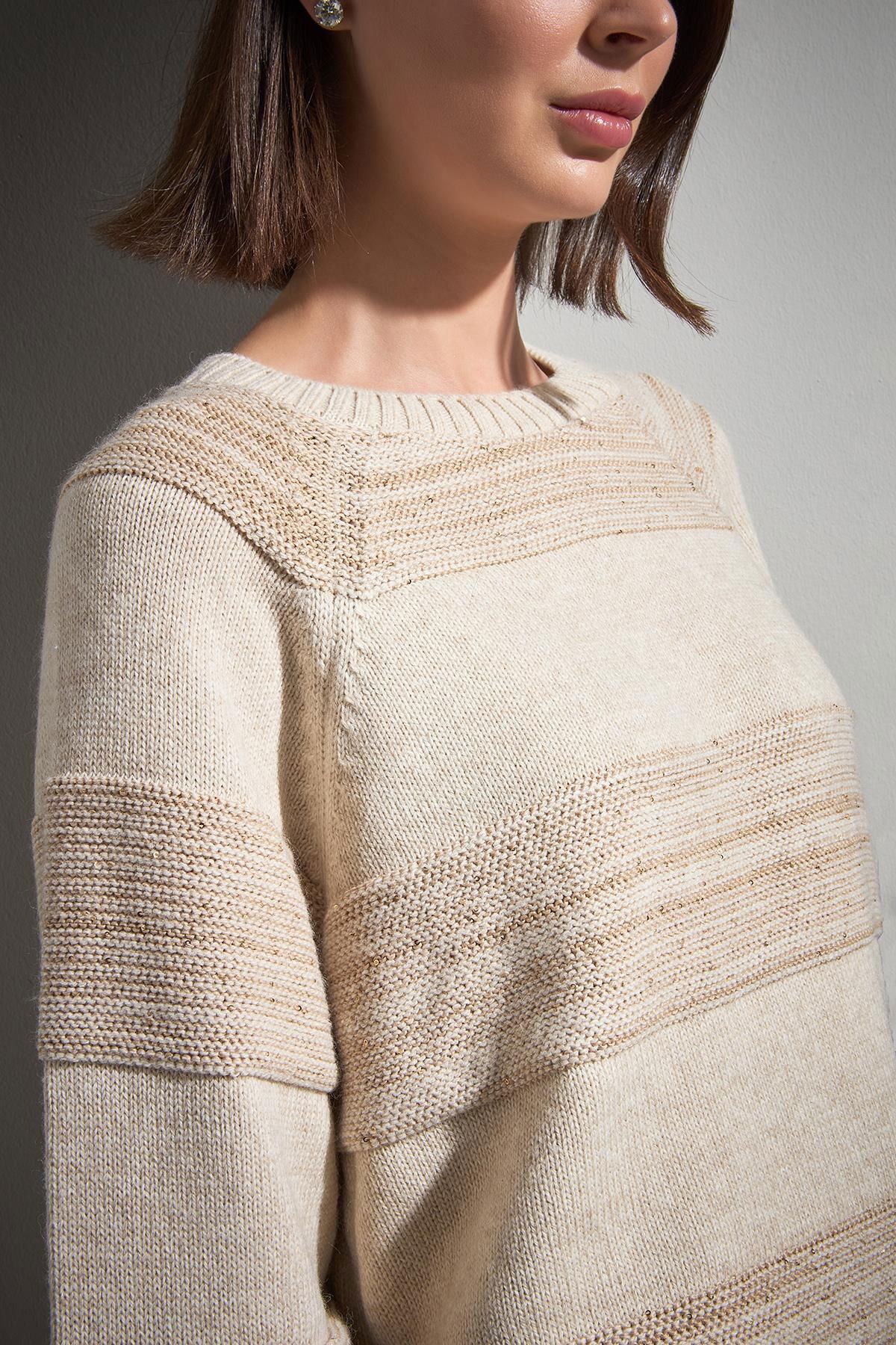 Join Us Kadın Çizgili Pullu Triko Kazak W081 Bej - 3