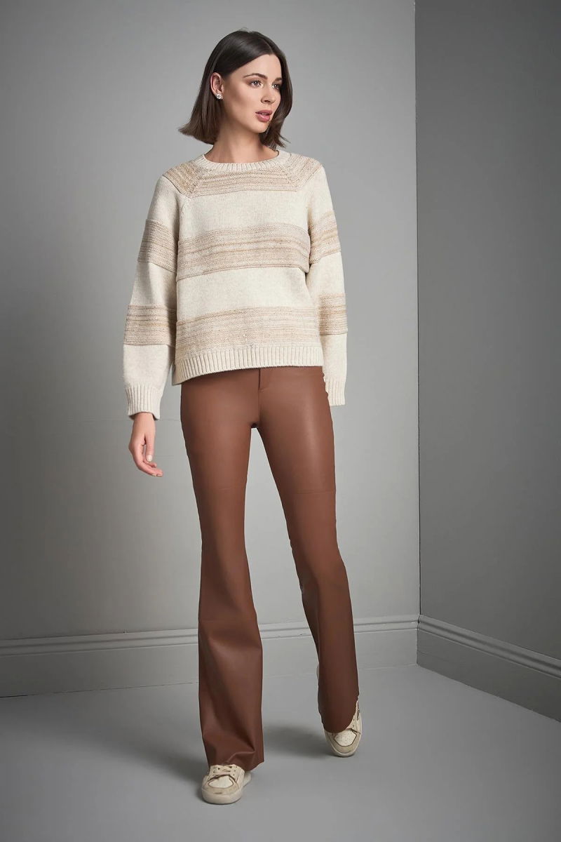 Join Us Kadın Çizgili Pullu Triko Kazak W081 Bej - 4