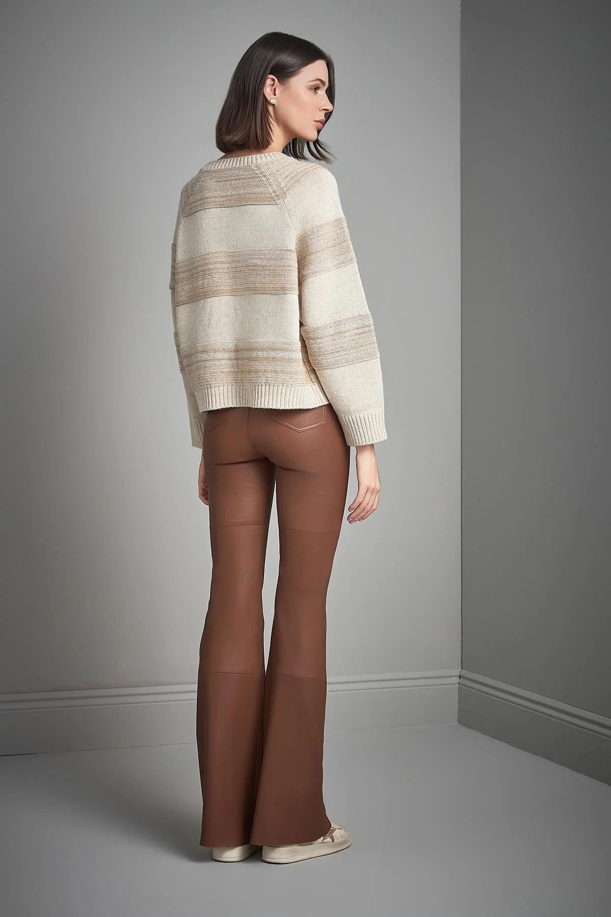 Join Us Kadın Çizgili Pullu Triko Kazak W081 Bej - 5