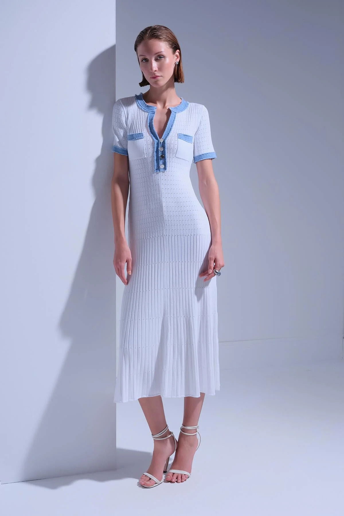 Join Us Kadın Denim Detaylı Kısa Kollu Midi Elbise S136 Ekru - 1