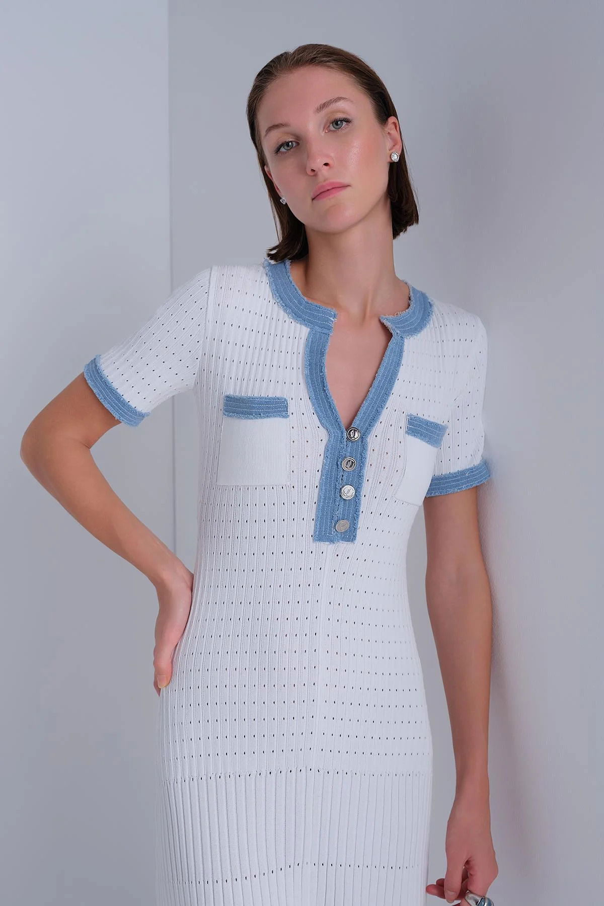 Join Us Kadın Denim Detaylı Kısa Kollu Midi Elbise S136 Ekru - 2