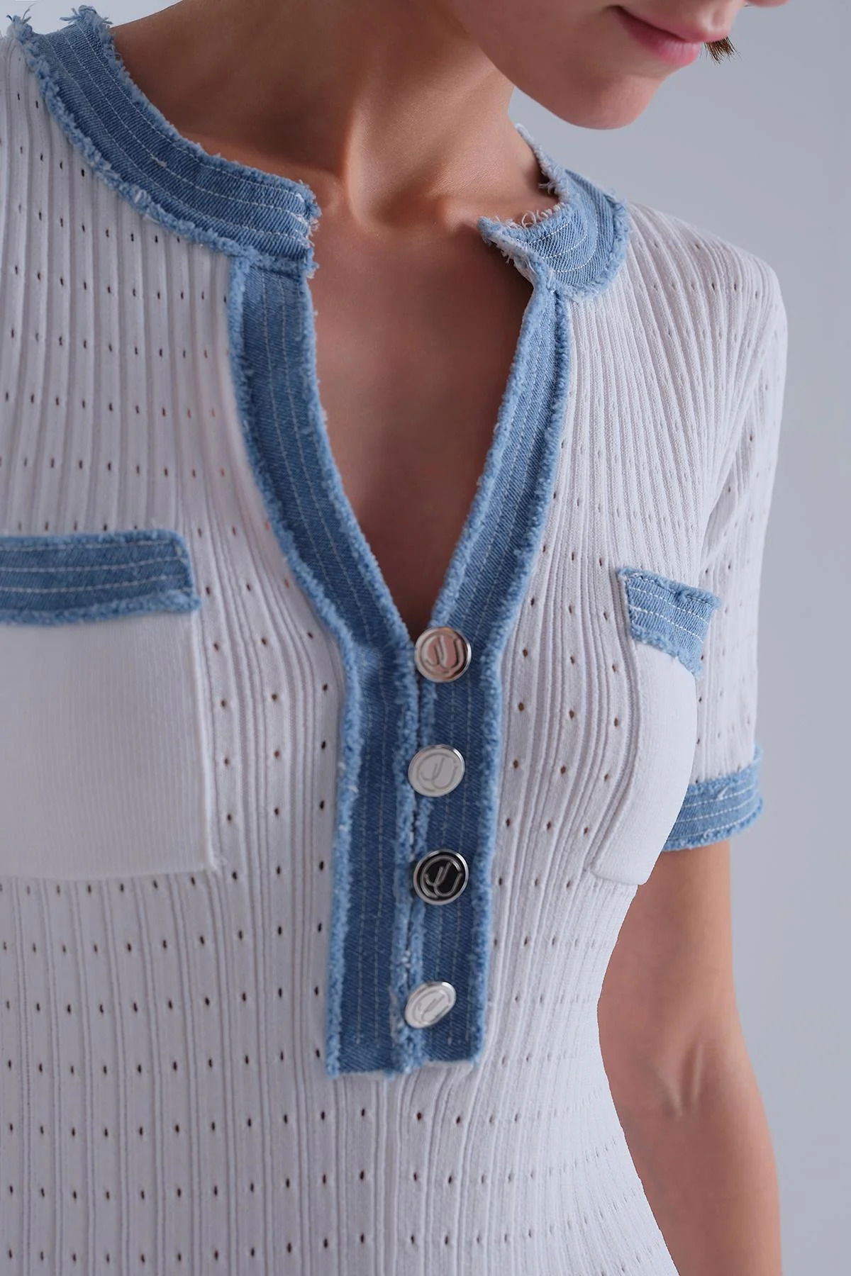Join Us Kadın Denim Detaylı Kısa Kollu Midi Elbise S136 Ekru - 3