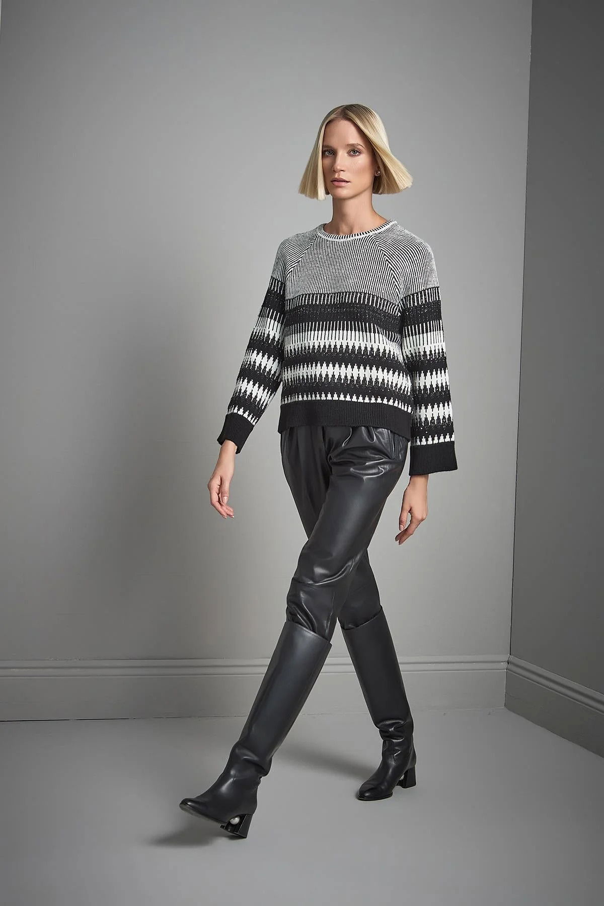 Join Us Kadın Desenli Bisiklet Yaka Triko Kazak W012 Siyah - 2