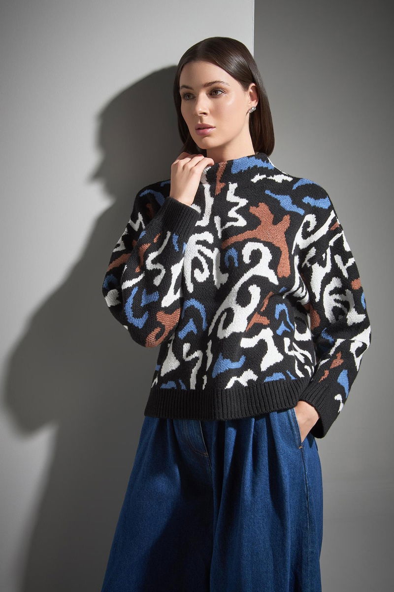 Join Us Kadın Desenli Dik Yaka Triko Kazak W011 Multi - 3