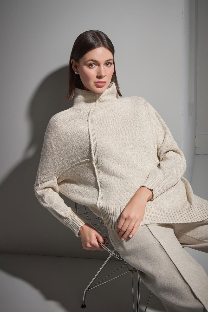 Join Us Kadın Dik Yaka Asimetrik Triko Kazak W069 Bej - Join Us