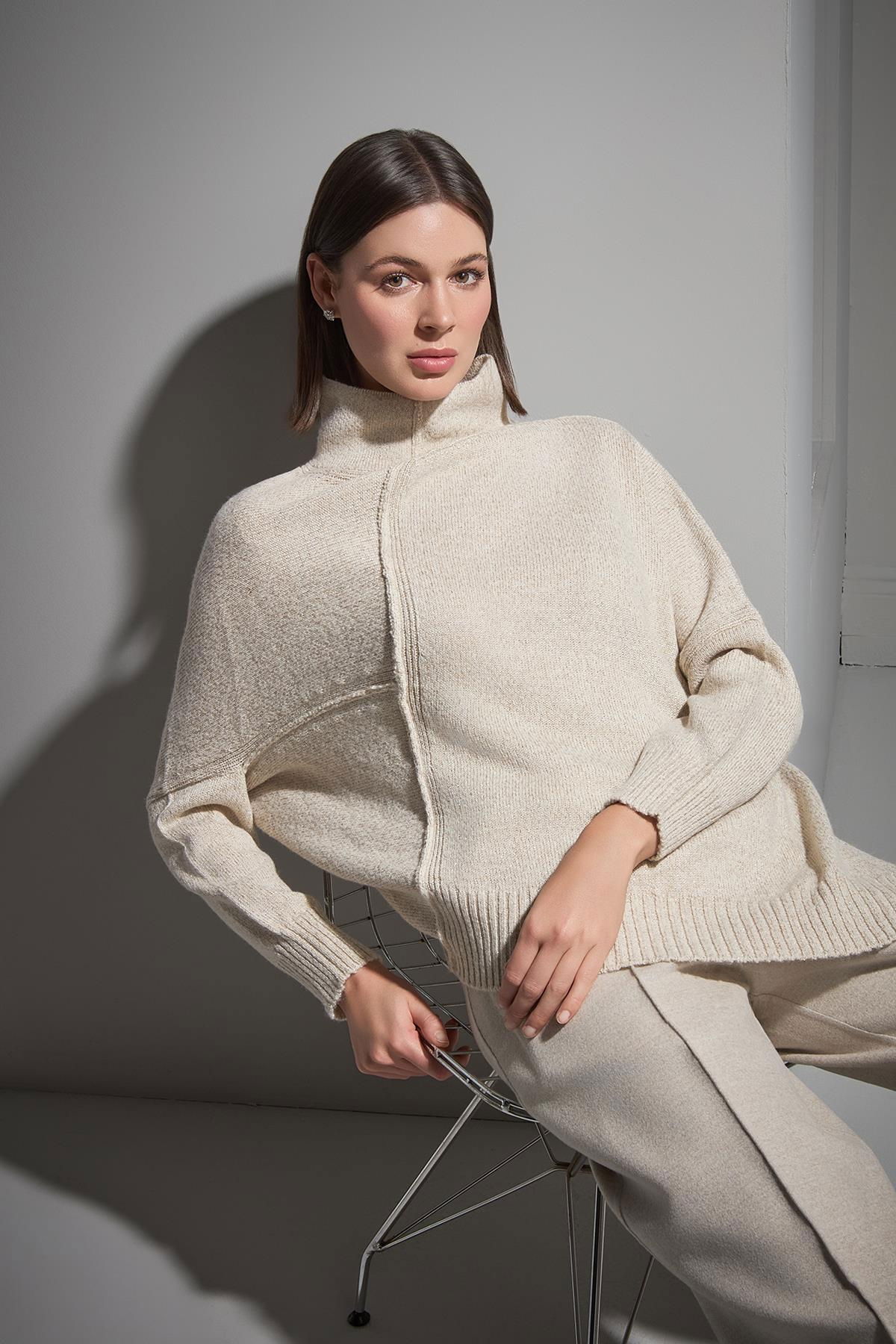 Join Us Kadın Dik Yaka Asimetrik Triko Kazak W069 Bej - 1