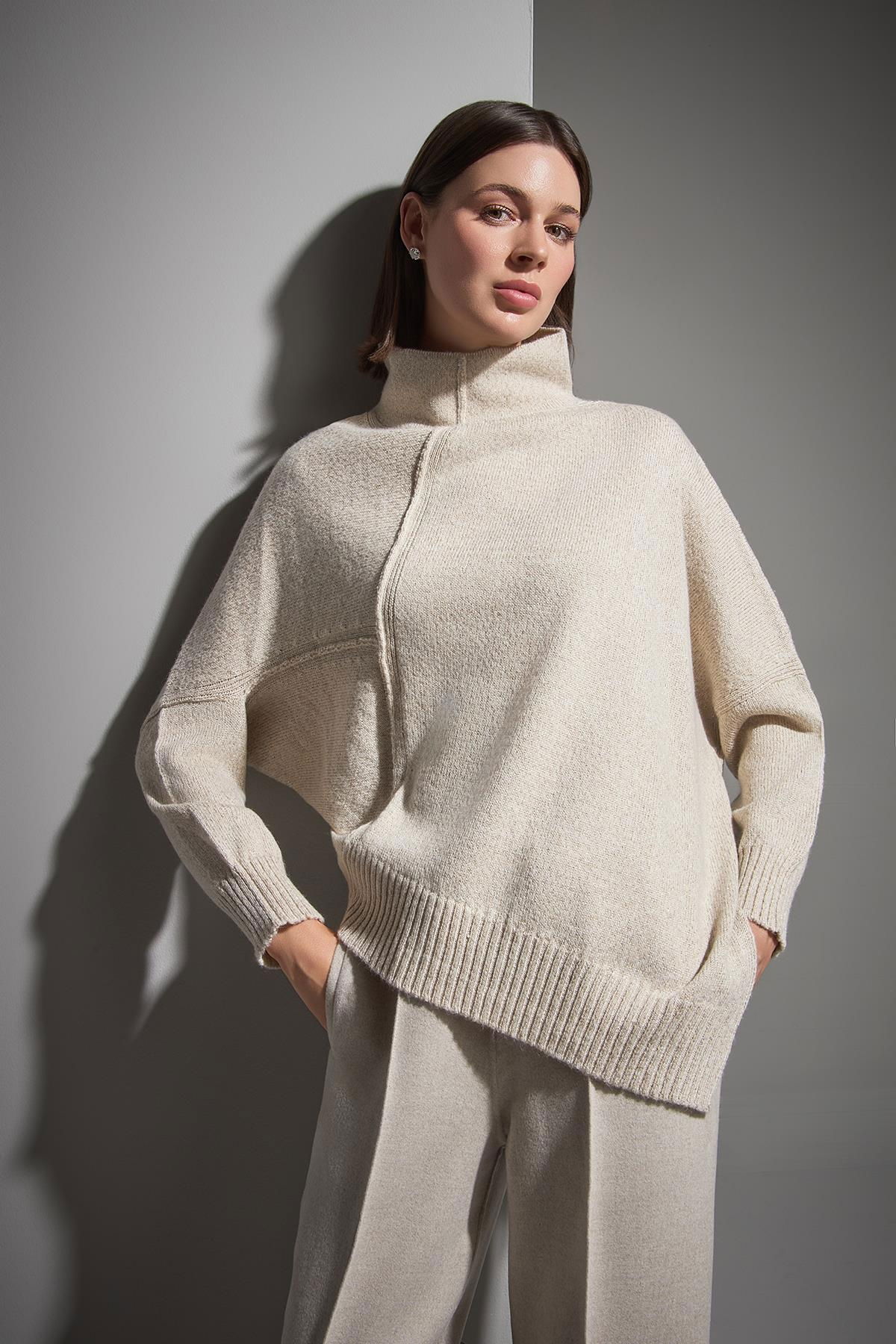 Join Us Kadın Dik Yaka Asimetrik Triko Kazak W069 Bej - 2