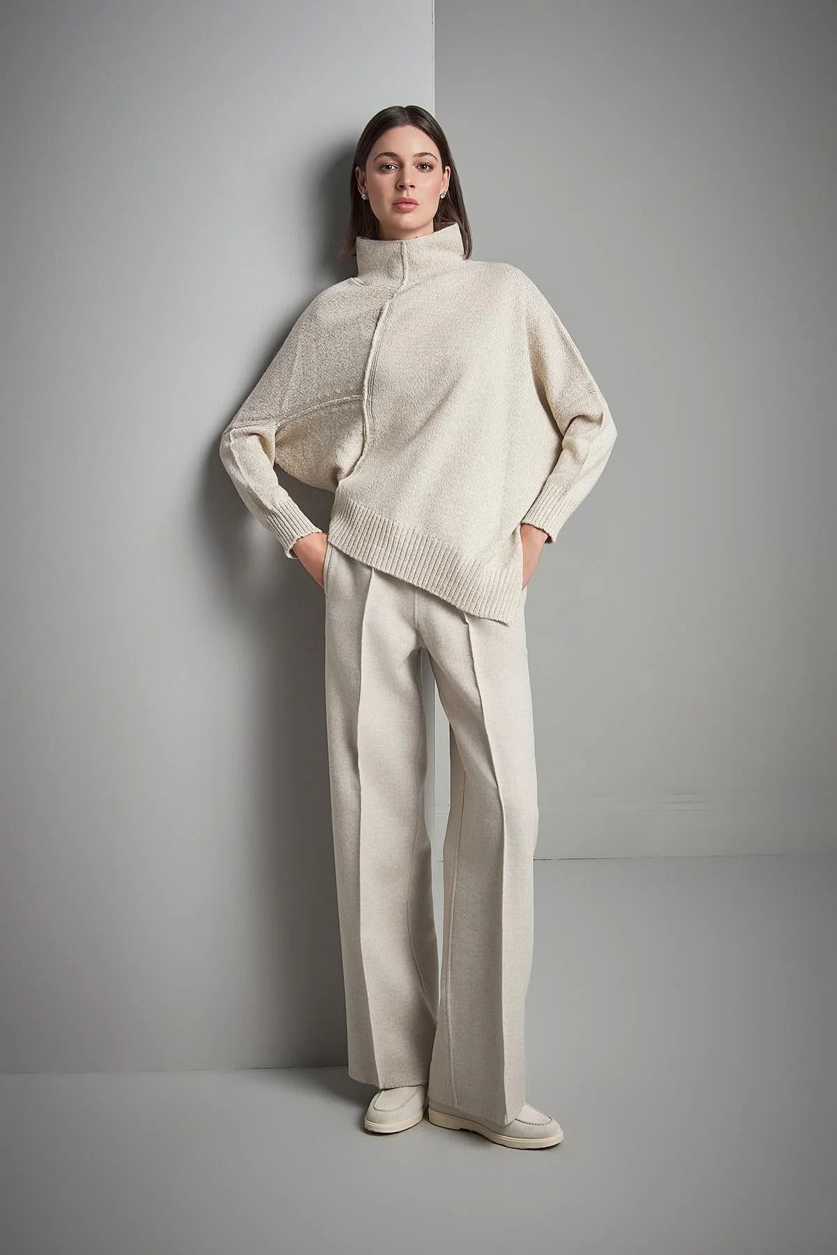 Join Us Kadın Dik Yaka Asimetrik Triko Kazak W069 Bej - 4