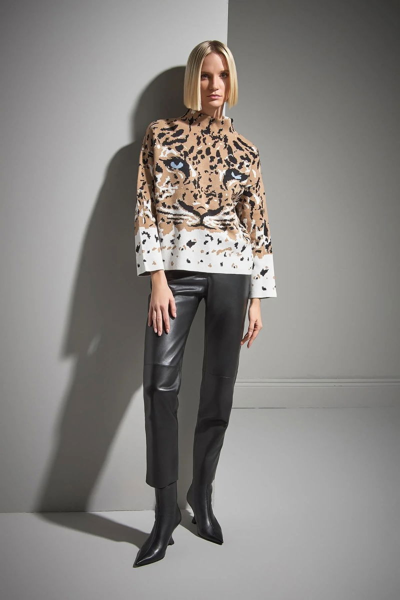 Join Us Kadın Dik Yaka Aslan Desenli Triko Kazak W083 Multi - 4