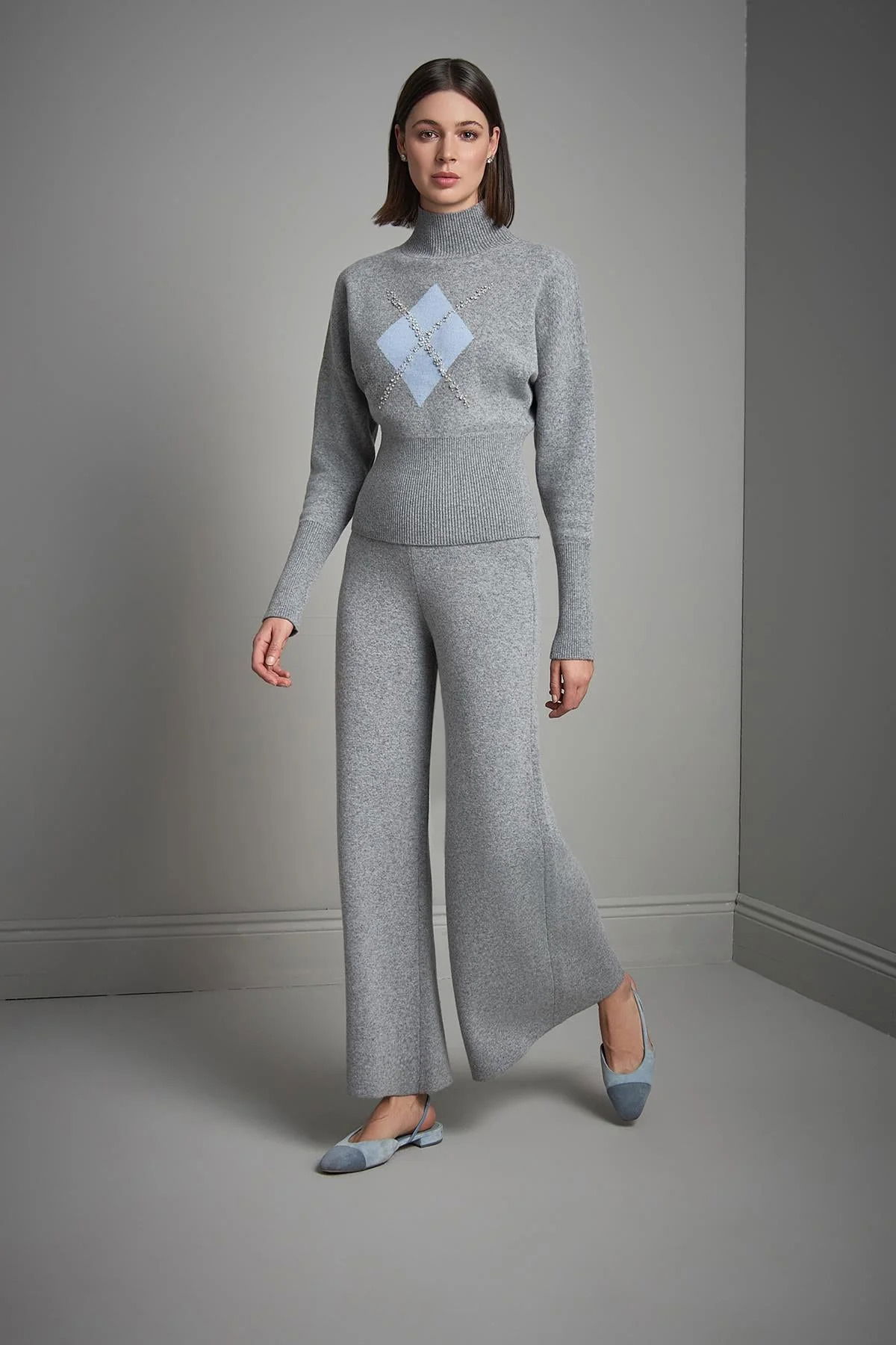 Join Us Kadın Dik Yaka Baklava Desenli Triko Kazak W144 Gri - 2