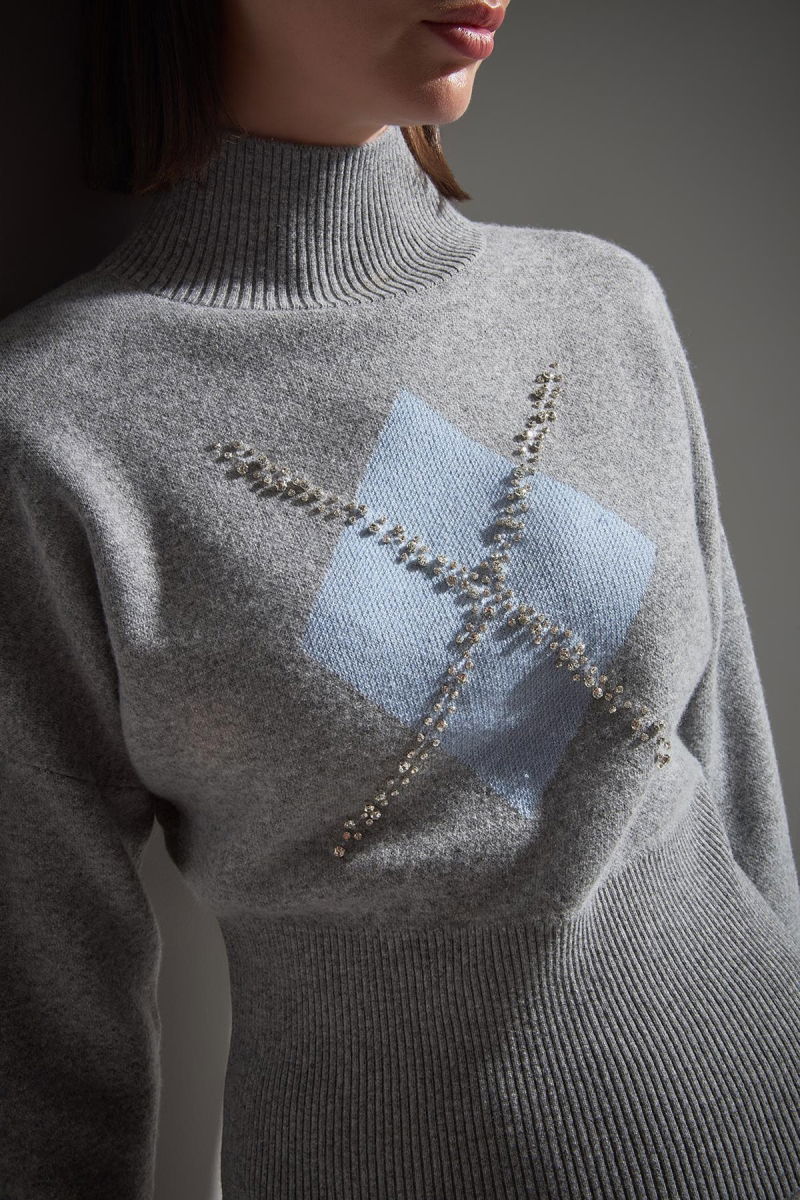 Join Us Kadın Dik Yaka Baklava Desenli Triko Kazak W144 Gri - 3