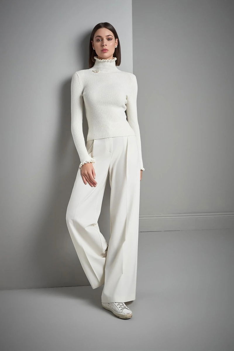 Join Us Kadın Dik Yaka Kelebek Broş Detaylı Triko Kazak W112 Ekru - 4