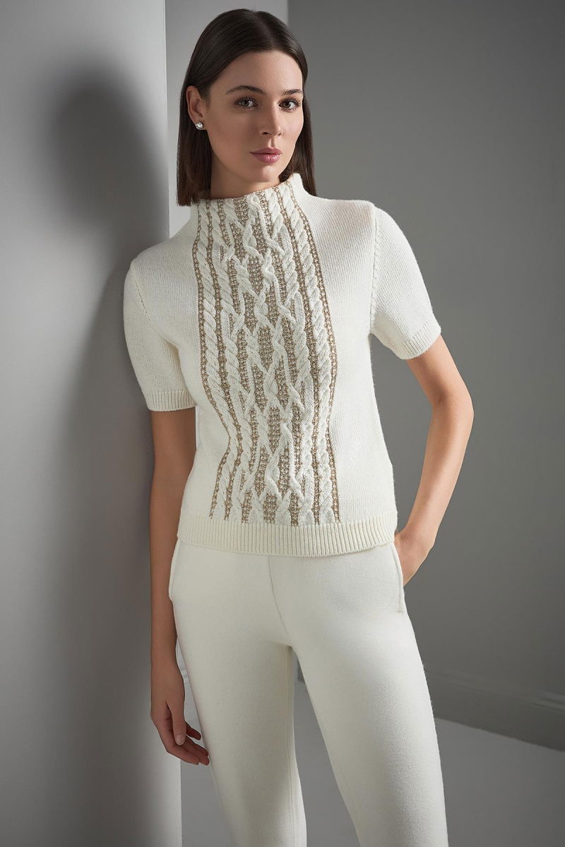 Join Us Kadın Dik Yaka Simli Triko Kazak W032 Ekru - Join Us