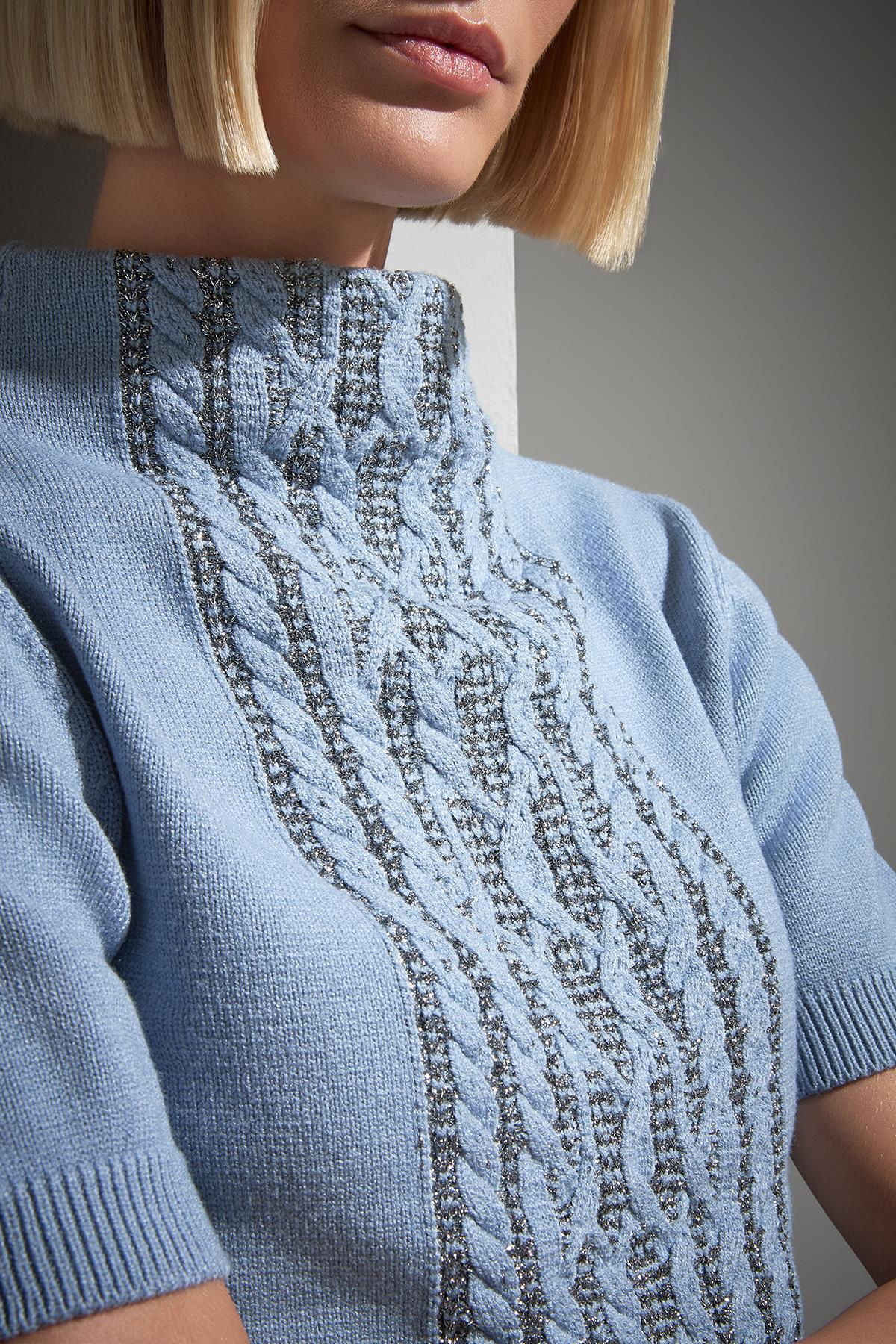 Join Us Kadın Dik Yaka Simli Triko Kazak W085 Mavi - 4