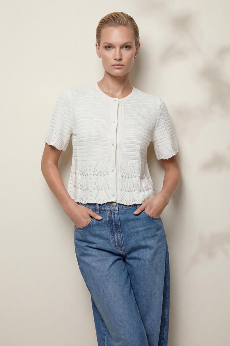 Join Us Kadın El İşi İnci Baskılı Ajurlu Ceket S140 Beyaz - Join Us