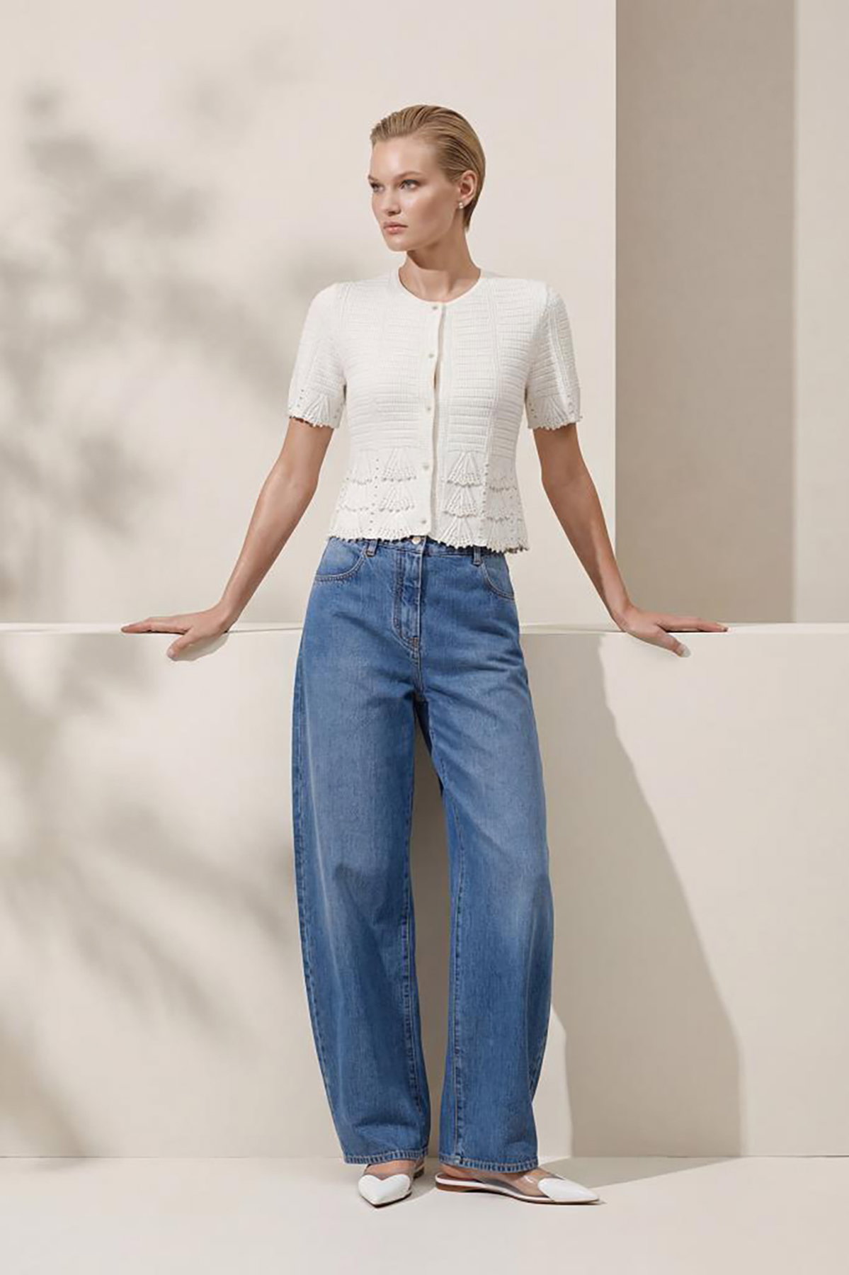 Join Us Kadın El İşi İnci Baskılı Ajurlu Ceket S140 Beyaz - 2