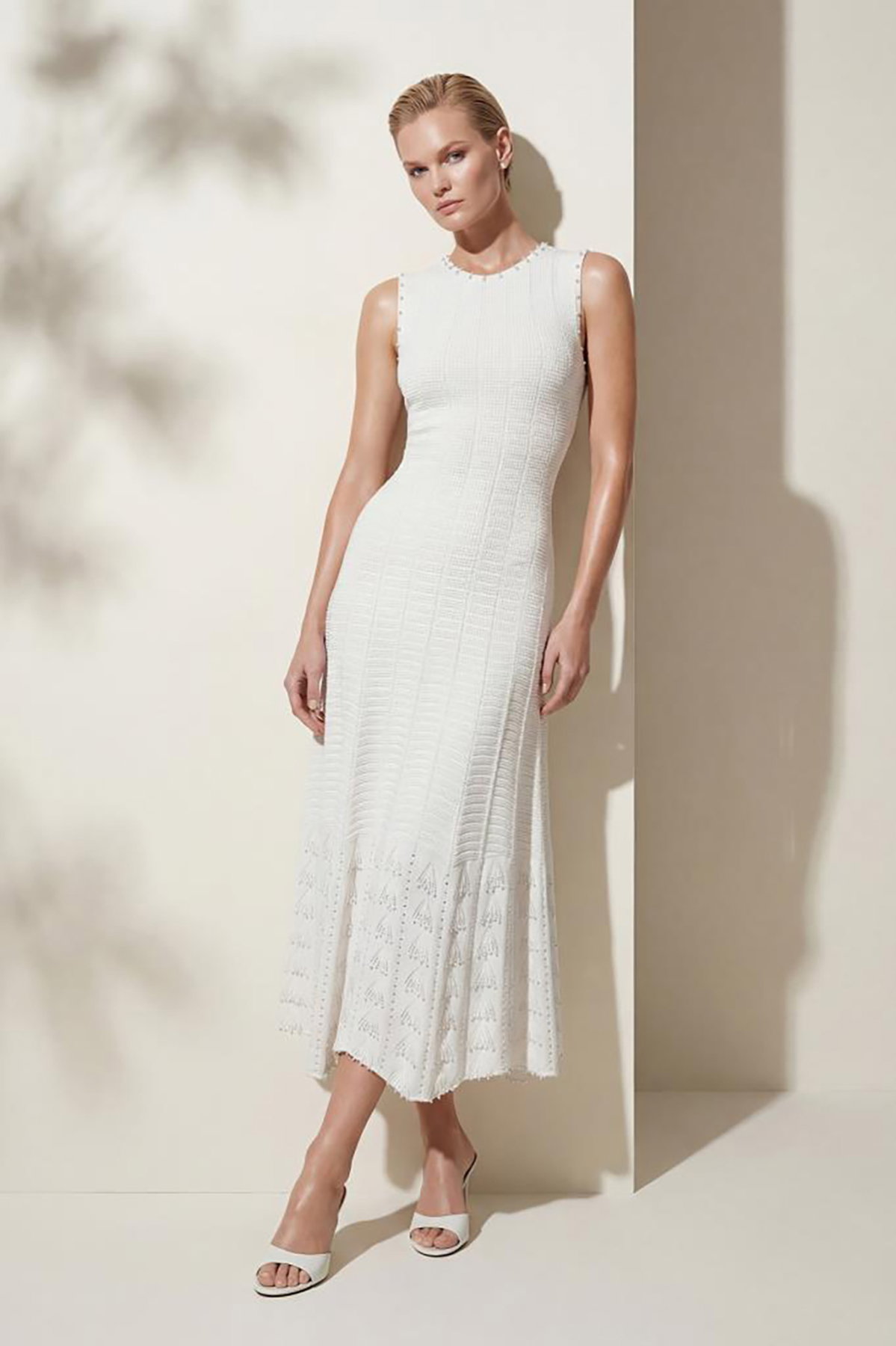 Join Us Kadın El İşi İnci Baskılı Ajurlu Midi Elbise S141 Beyaz - 1