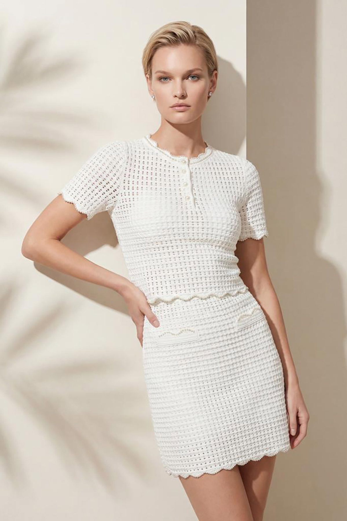 Join Us Kadın El İşi İnci Detaylı Süs Cepli Etek S101 Beyaz - 4