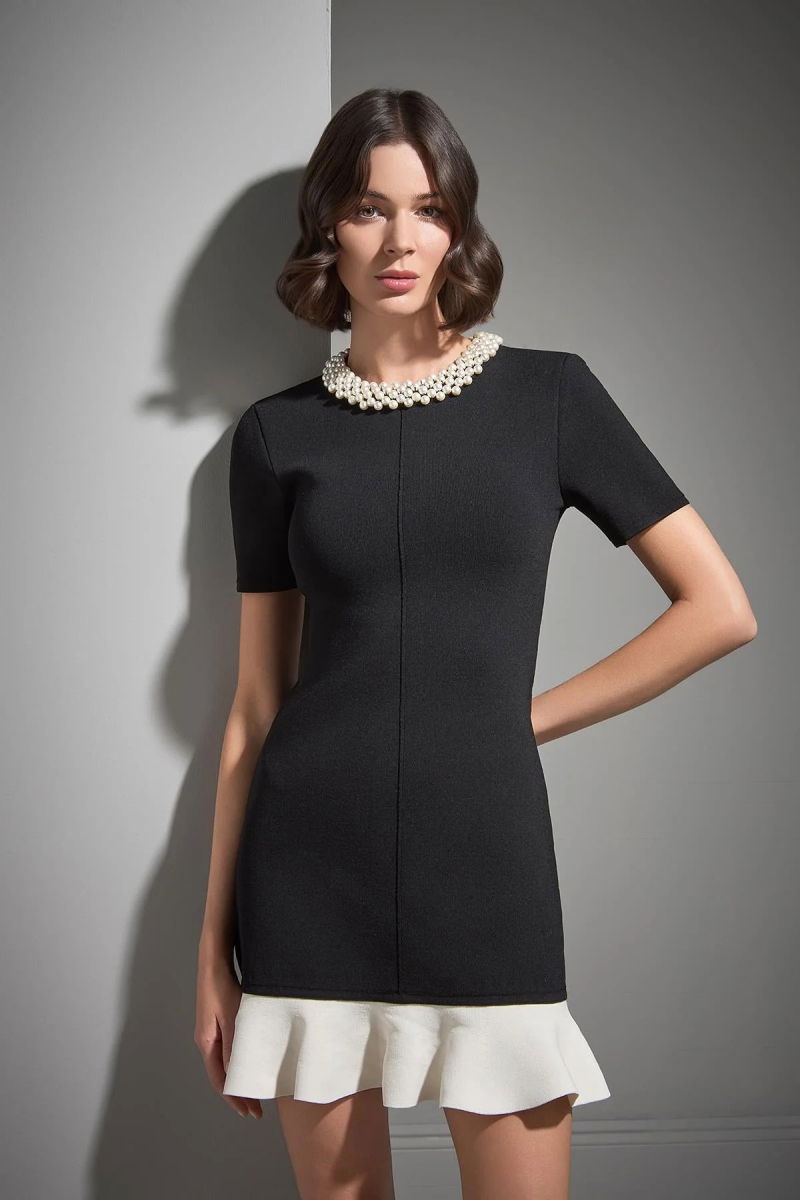 Join Us Kadın El İşi İncili Fırfırlı Triko Elbise W014 Siyah - 2