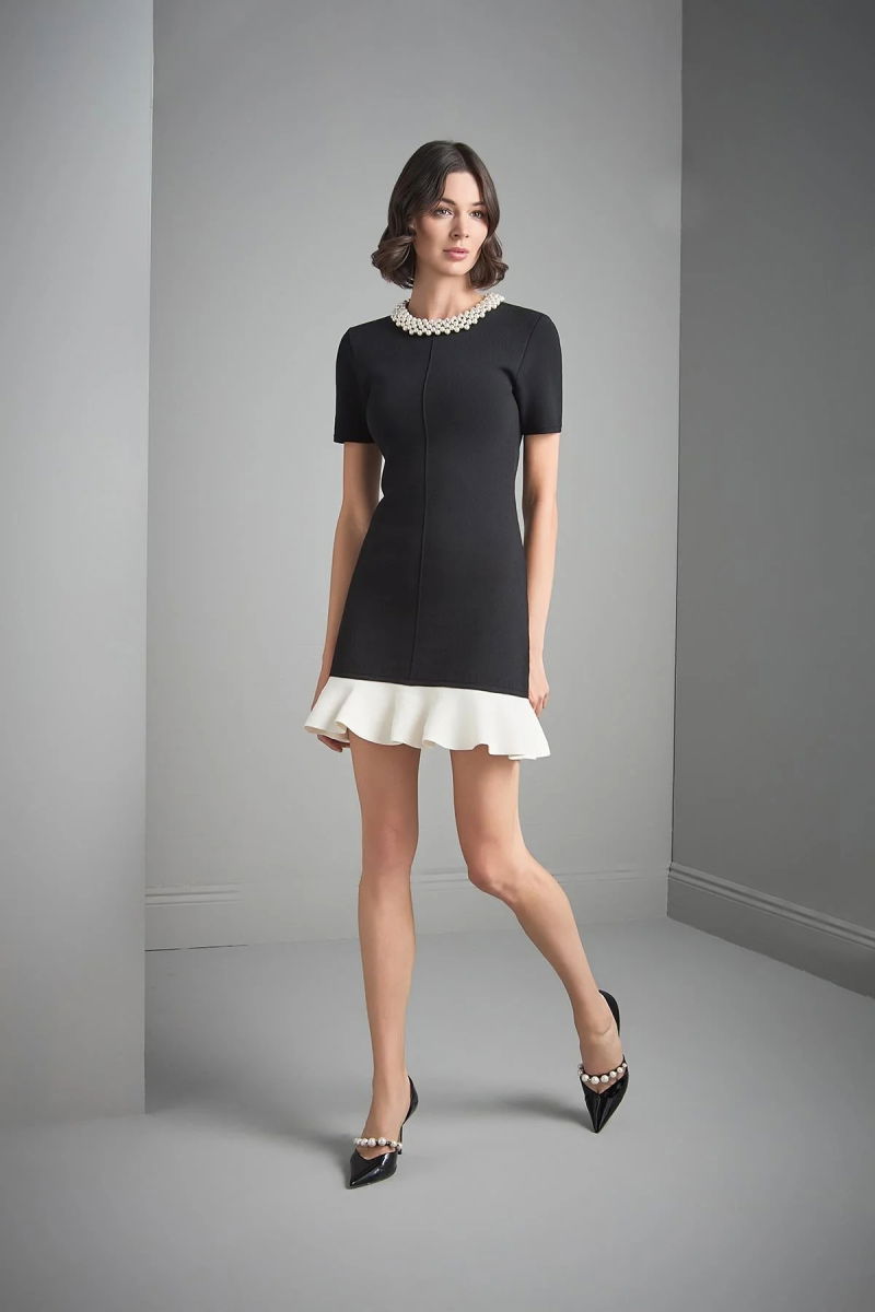 Join Us Kadın El İşi İncili Fırfırlı Triko Elbise W014 Siyah - 3