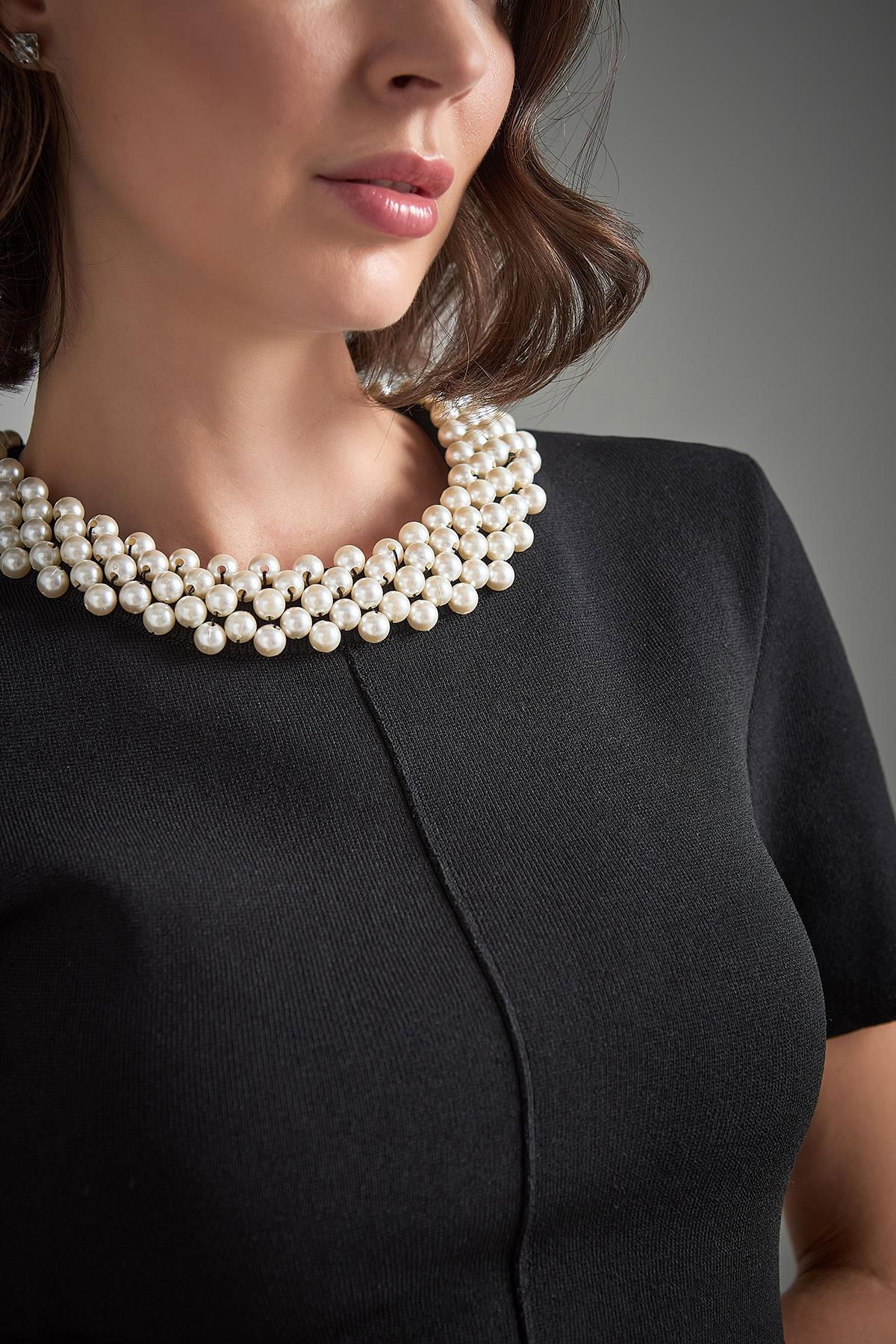 Join Us Kadın El İşi İncili Fırfırlı Triko Elbise W014 Siyah - 4