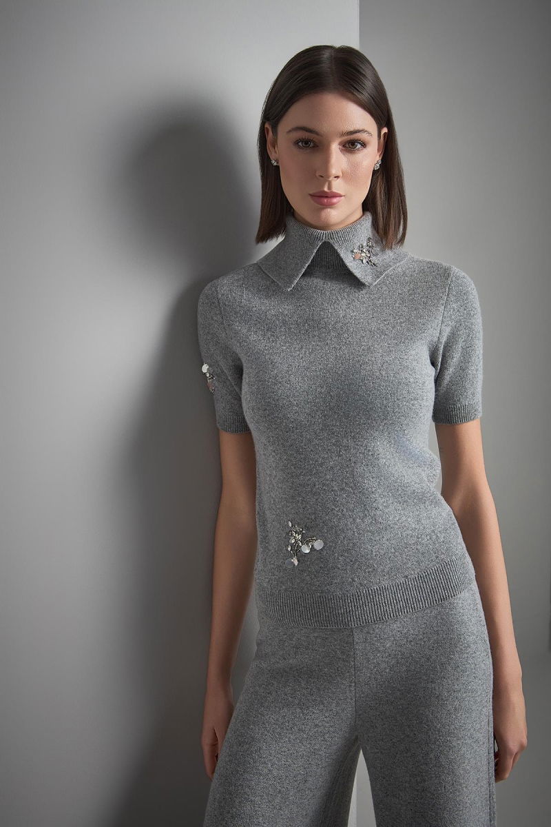 Join Us Kadın El İşi Pul ve Taş İşlemeli Triko Bluz W222 Gri - 2