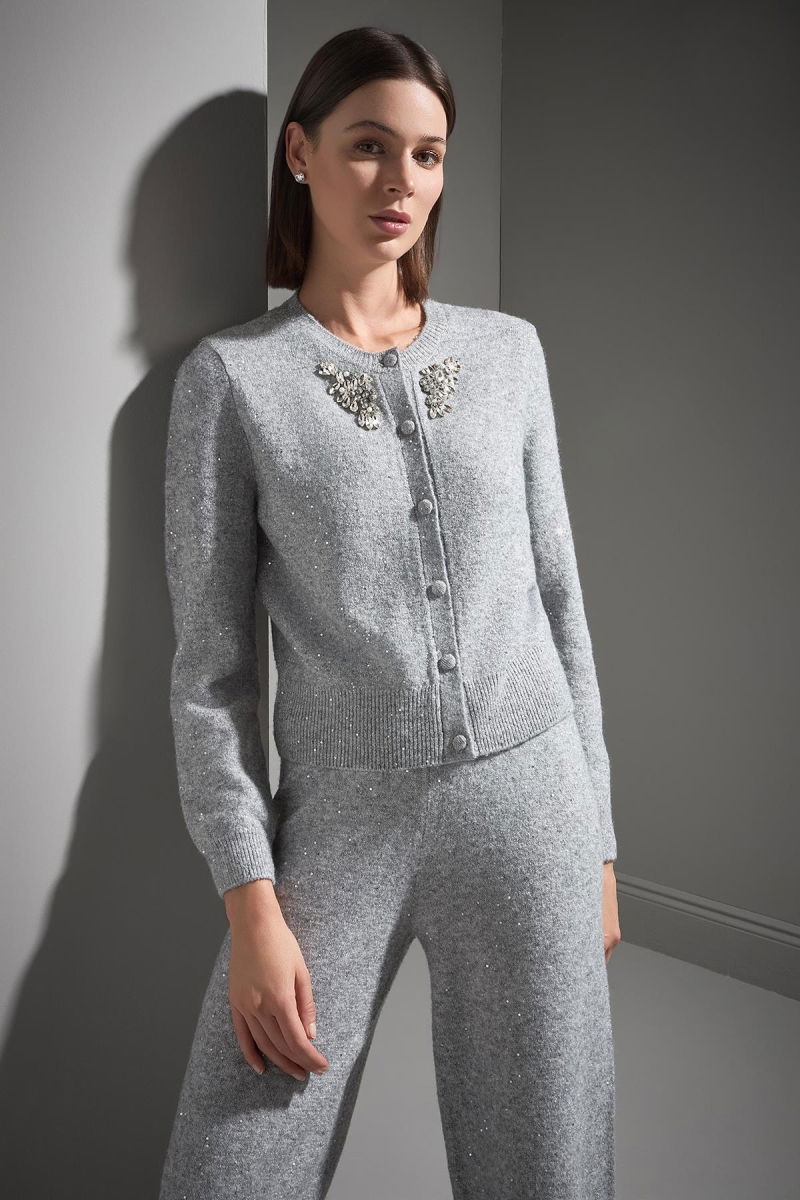 Join Us Kadın El İşi Taş İşlemeli Düğme Detaylı Triko Hırka W114 Gri - 2