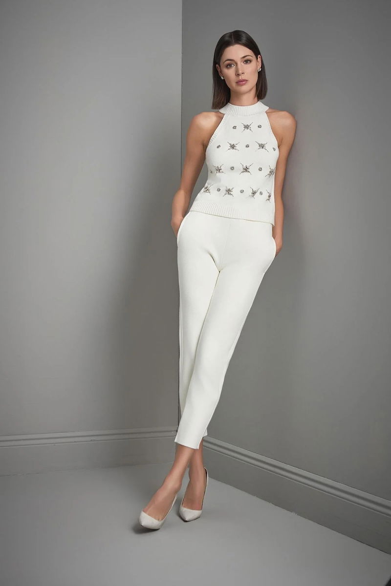 Join Us Kadın El İşi Taş İşlemeli Halter Yaka Triko Bluz W104 Ekru - 4