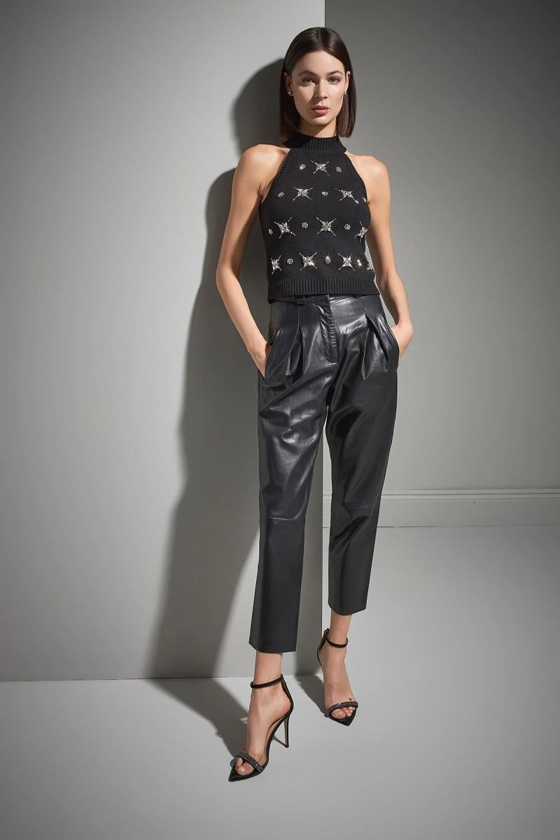 Join Us Kadın El İşi Taş İşlemeli Halter Yaka Triko Bluz W104 Siyah - 3