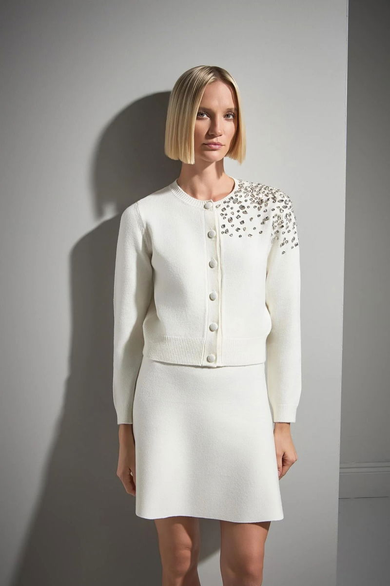 Join Us Kadın El İşi Taş İşlemeli Triko Hırka W068 Ekru - Join Us