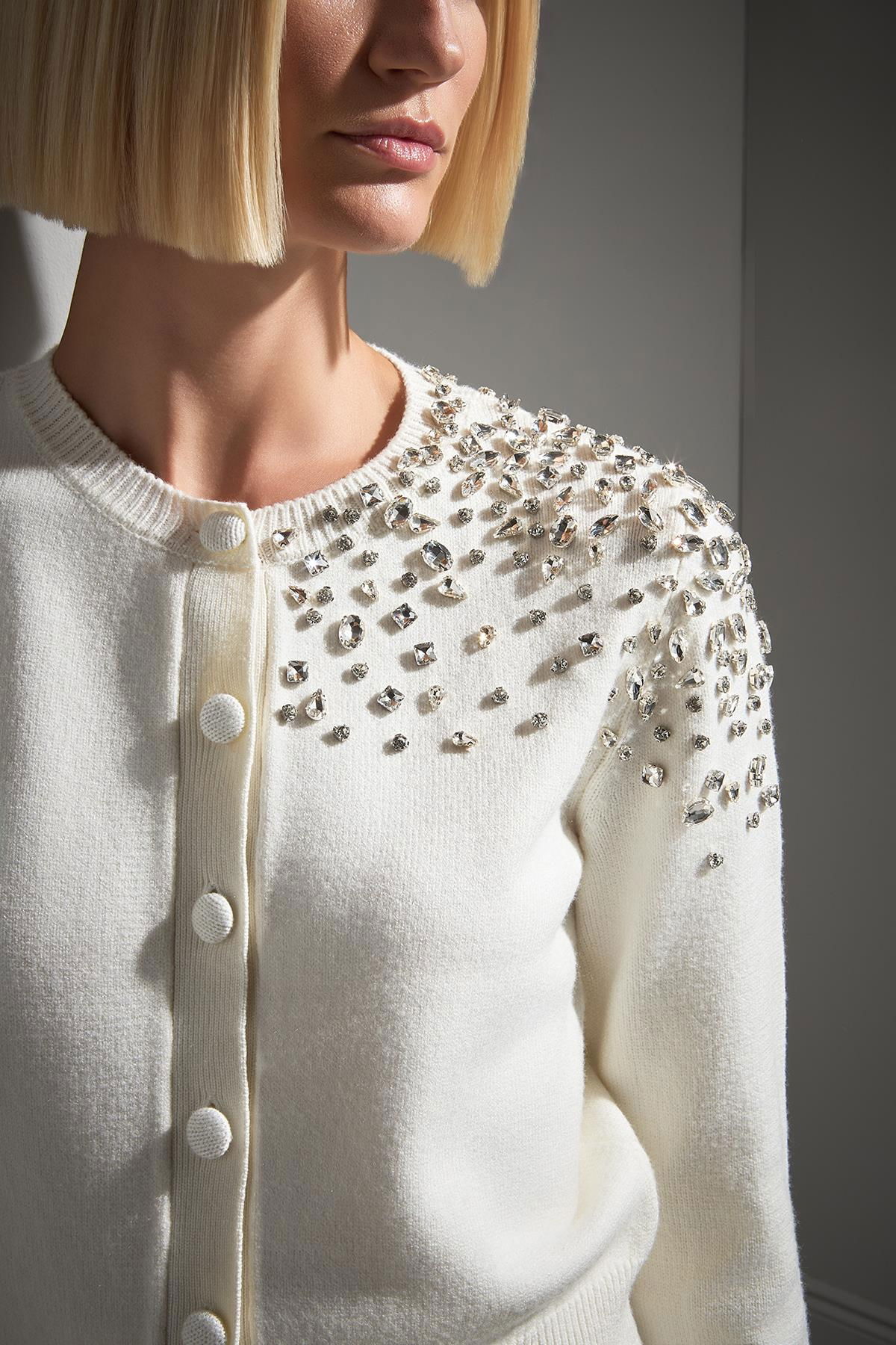 Join Us Kadın El İşi Taş İşlemeli Triko Hırka W068 Ekru - 4