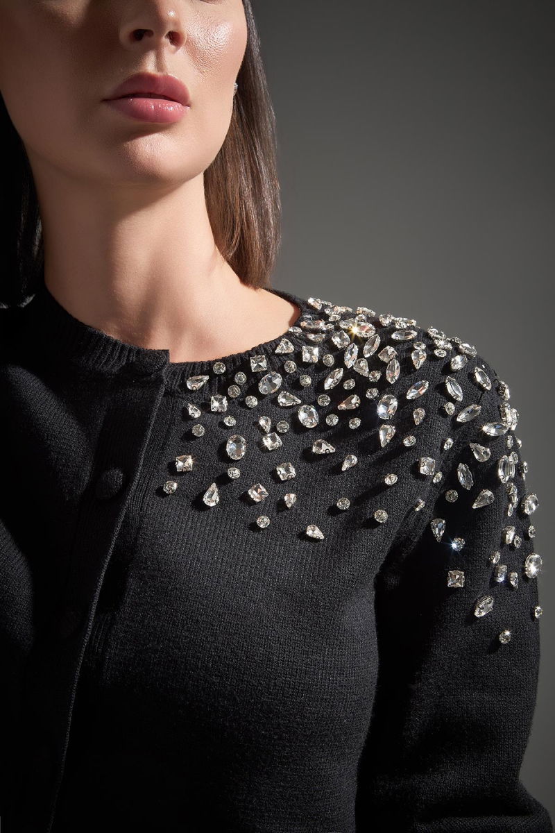 Join Us Kadın El İşi Taş İşlemeli Triko Hırka W068 Siyah - 4