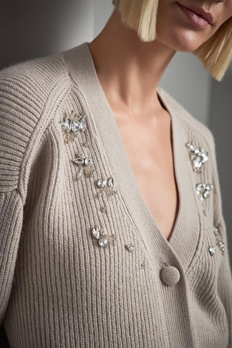 Join Us Kadın El İşi Taş İşlemeli Triko Hırka W097 Bej - 4