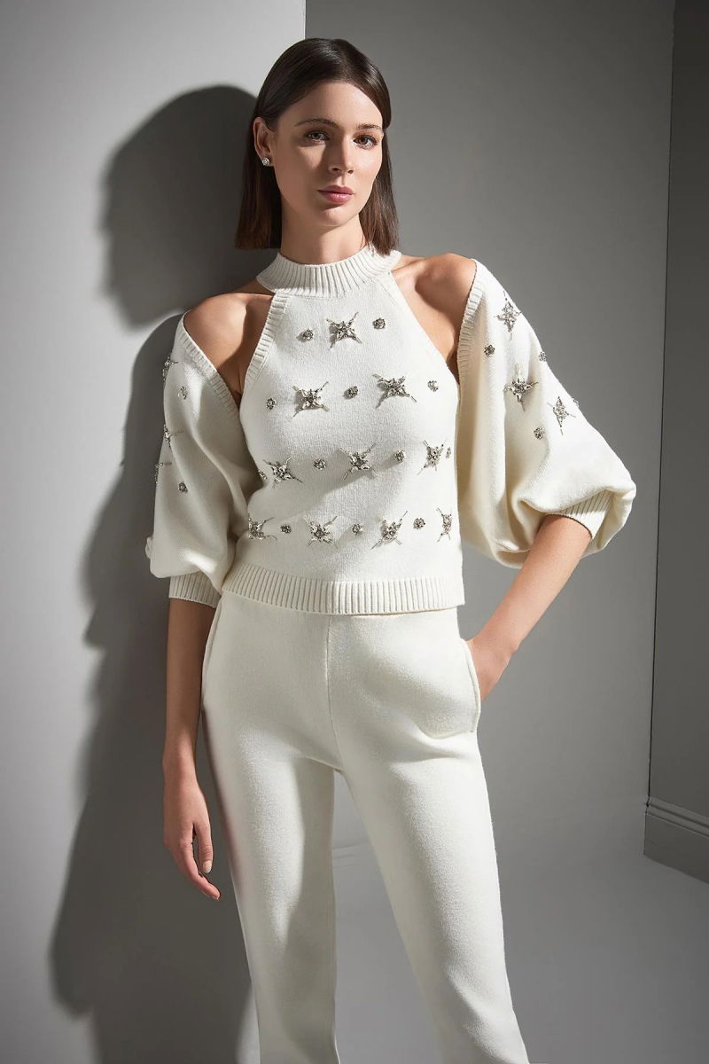 Join Us Kadın El İşi Taş İşlemeli Triko Hırka W105 Ekru - 2