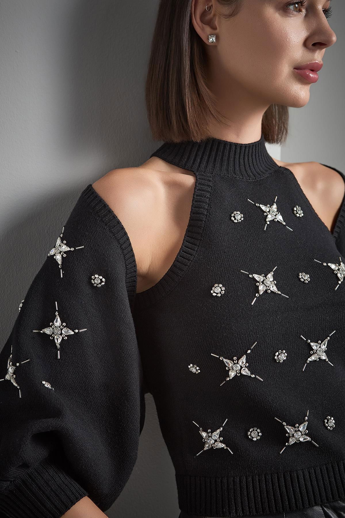 Join Us Kadın El İşi Taş İşlemeli Triko Hırka W105 Siyah - 4