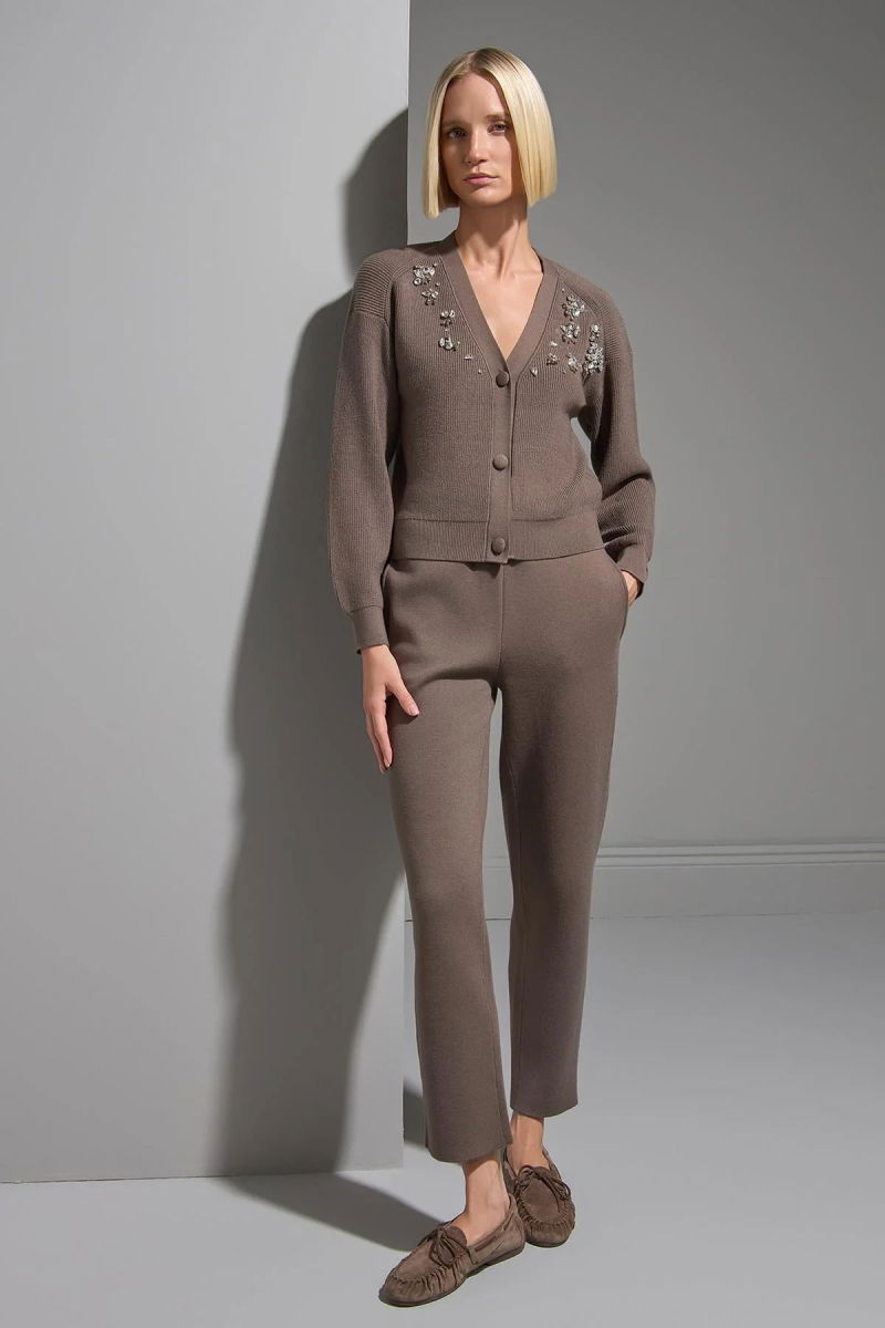 Join Us Kadın El İşi Taş İşlemeli Triko Hırka W189 Kahverengi - Join Us