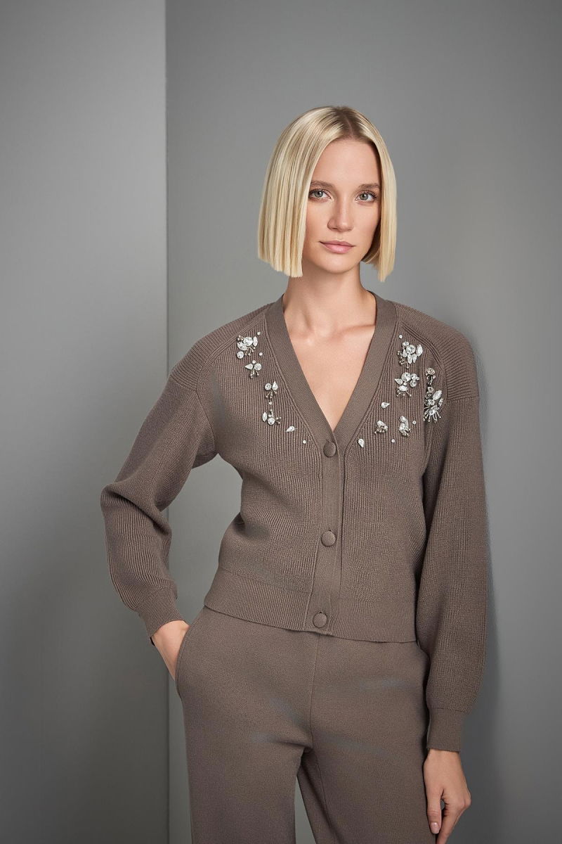 Join Us Kadın El İşi Taş İşlemeli Triko Hırka W189 Kahverengi - 3