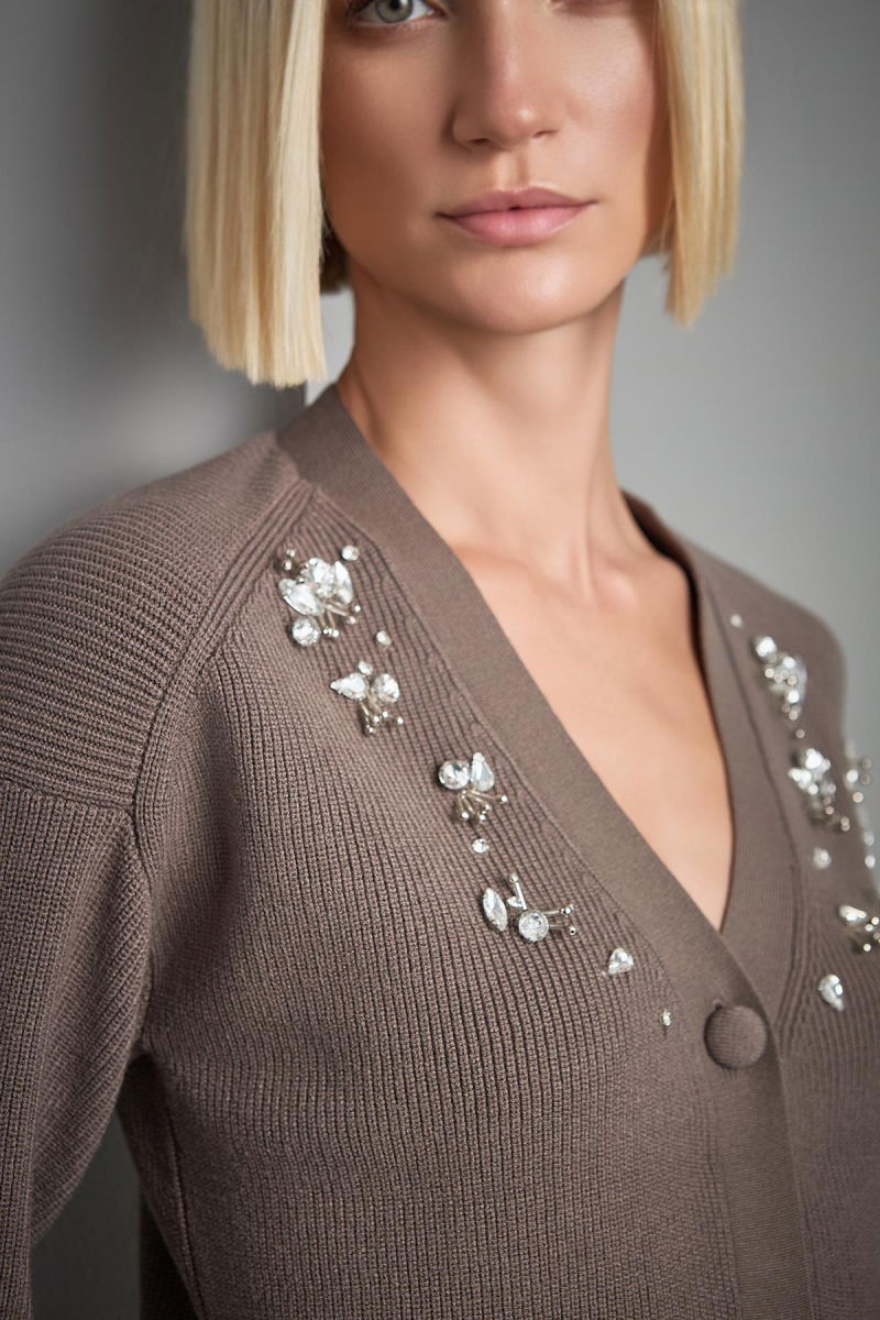 Join Us Kadın El İşi Taş İşlemeli Triko Hırka W189 Kahverengi - 4